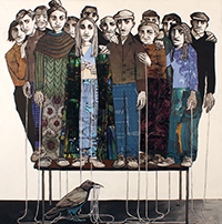 illustration of multiple people standing together on top of a table